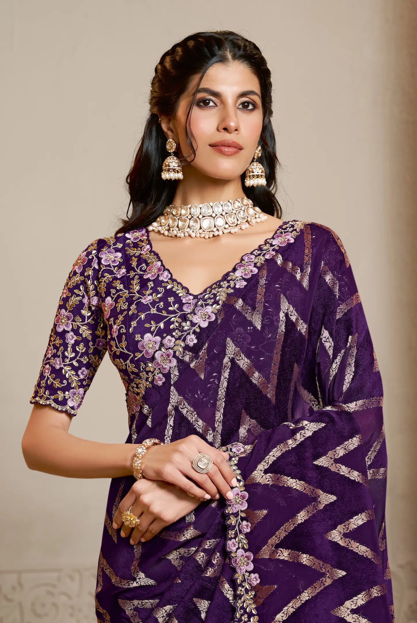 Deep Purple Jacquard Silk Saree With Embroidery & Hand Work