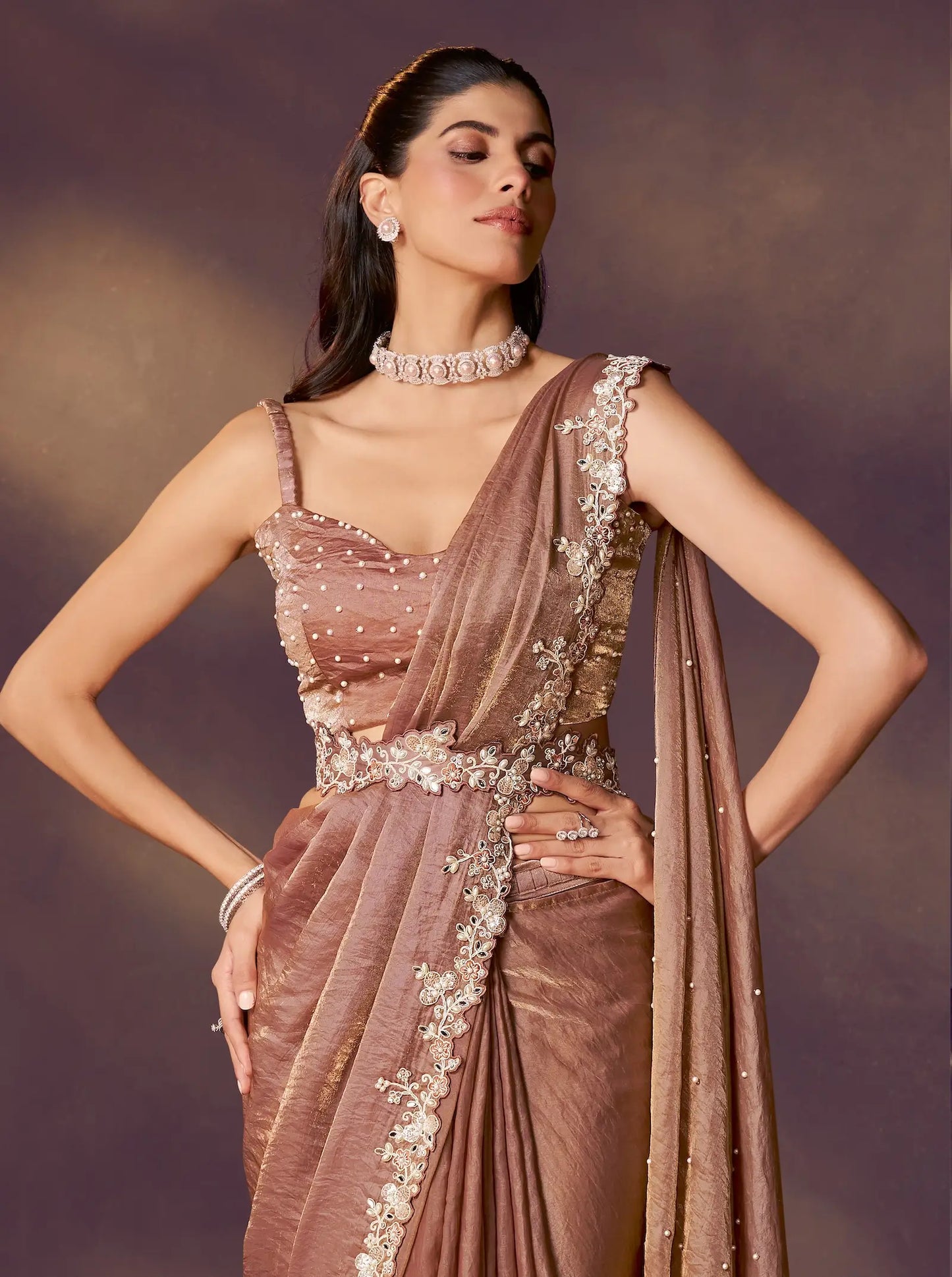 Cider Brown One Minute Saree With Embroidery & Hand Work