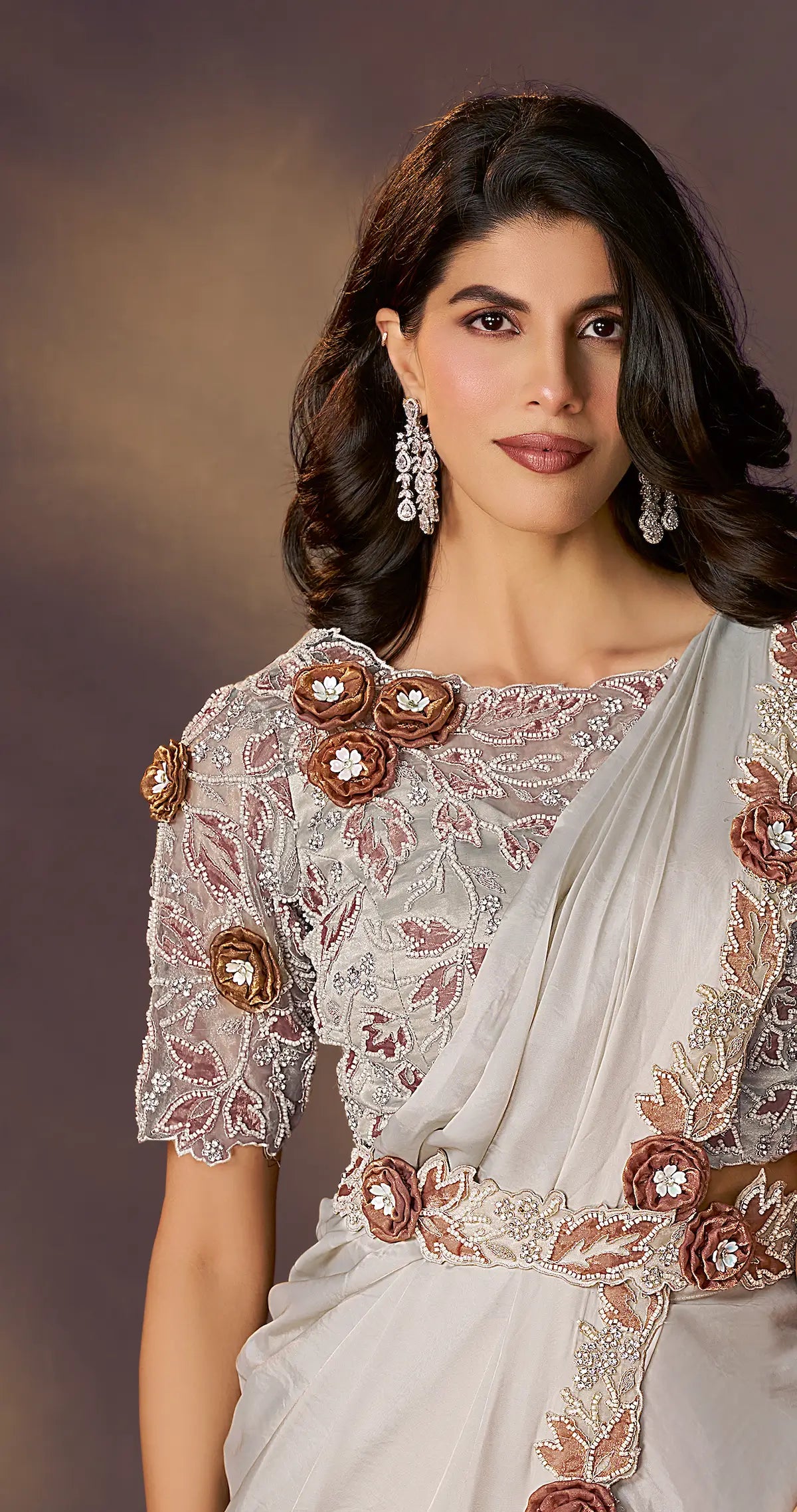 Off White One Minute Saree With Embroidery & Hand Work