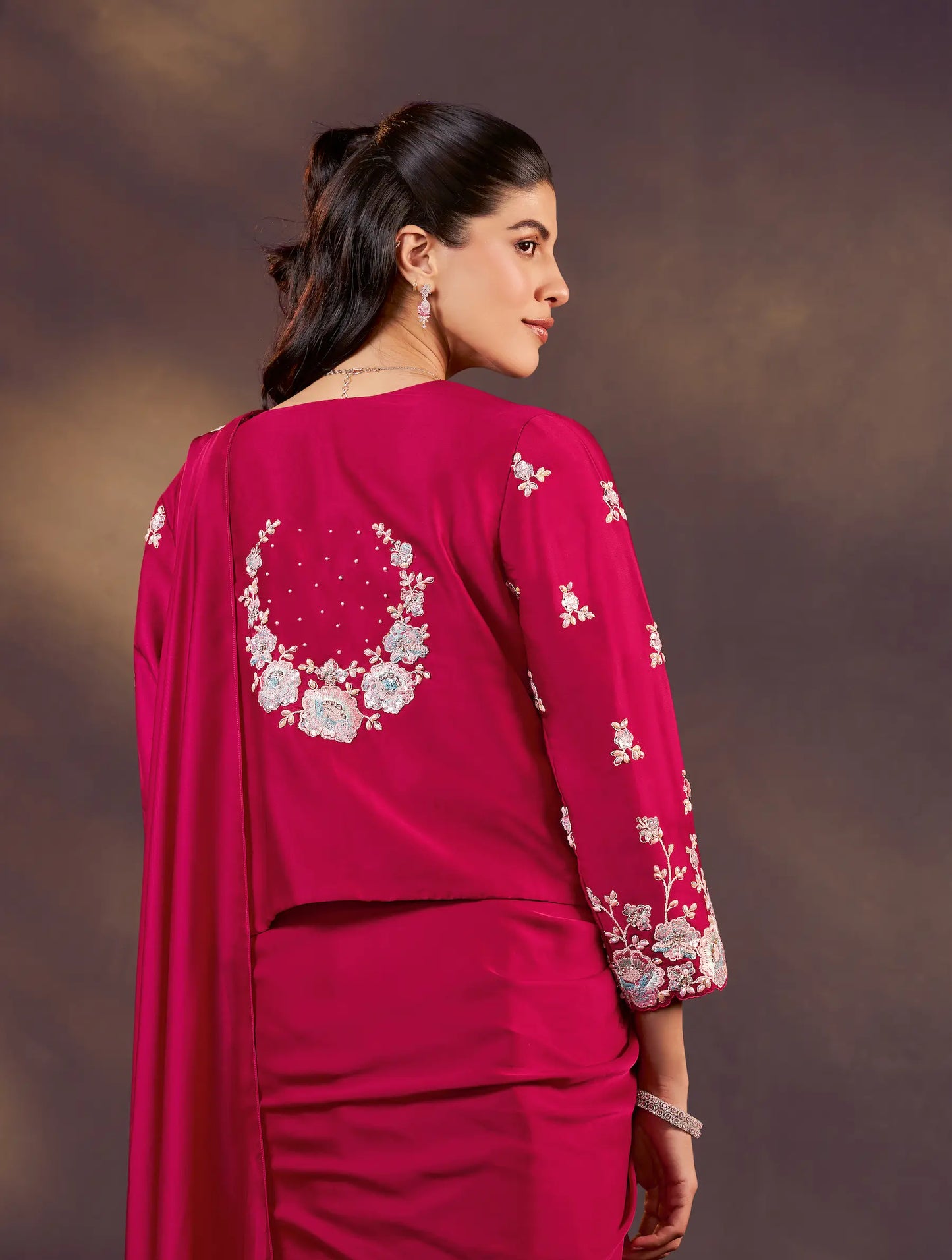 Rose Red One Minute Saree With Embroidery & Hand Work