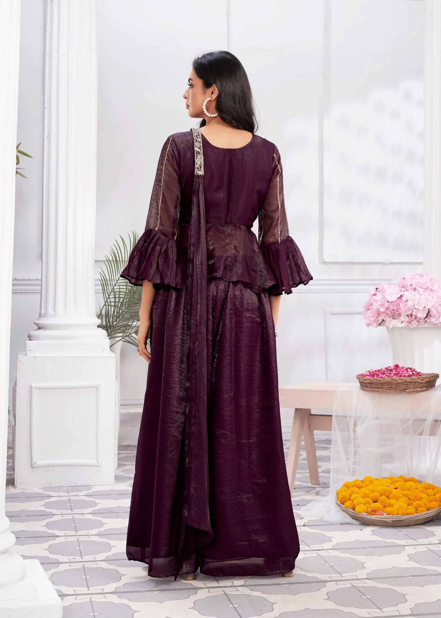 Wine Designer Embroidery Hand Work Fancy Top & Sharara