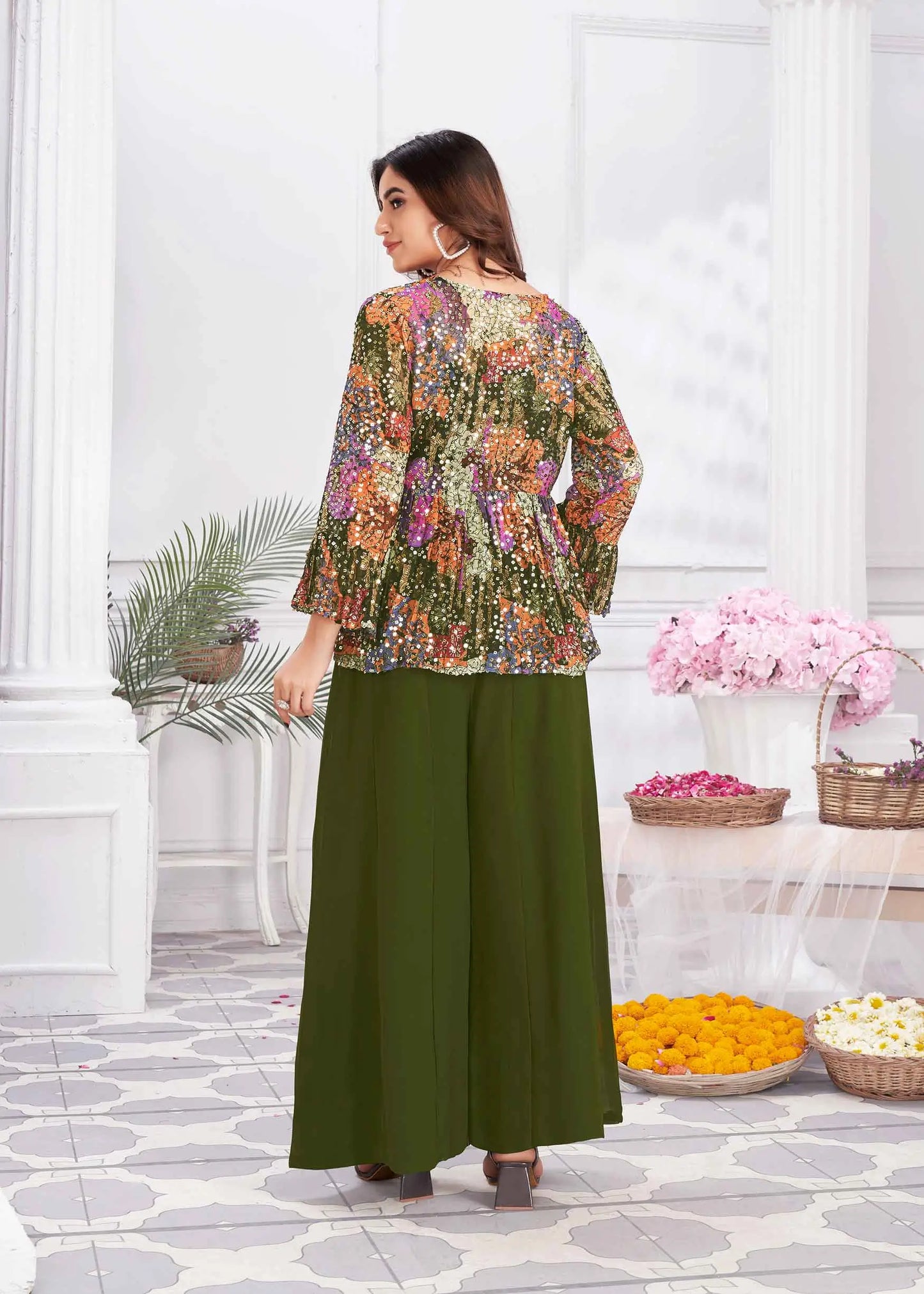 Olive Green Sequins Embroidery Work Indo Western With Shrug