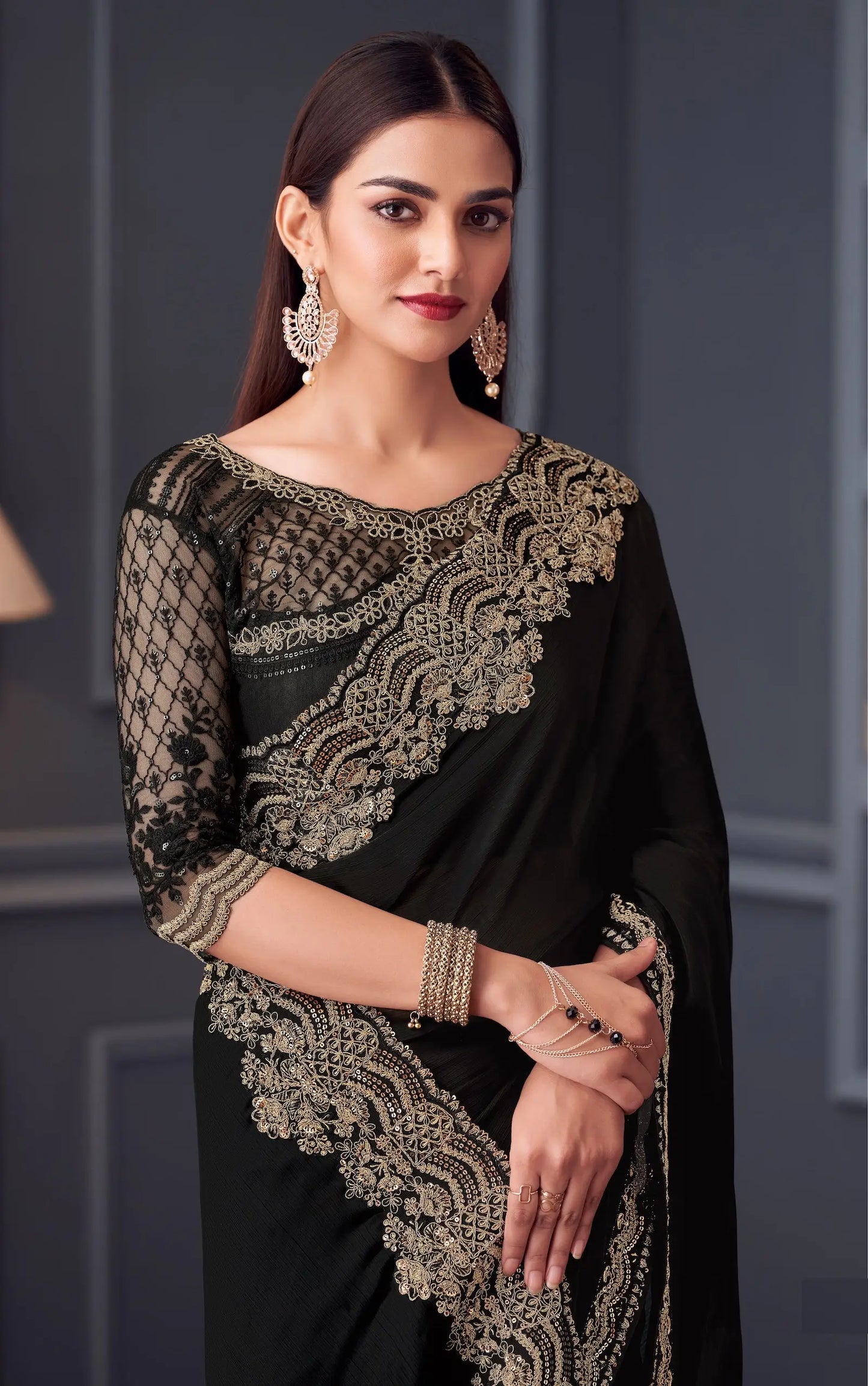 Black Satin Chiffon Silk Party Wear Saree With Thread & Sequins Embroidery Work