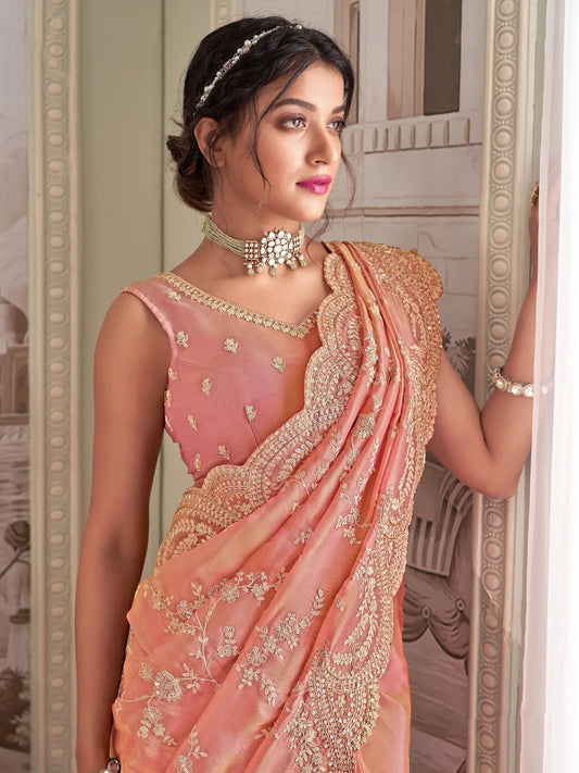 Peach Pink Zari Tissue Hand Work & Heavy Cut Work Saree