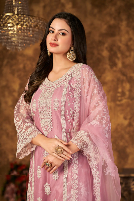 Light Pink Net Salwar Suit With Thread & Sequence Embroidery Work