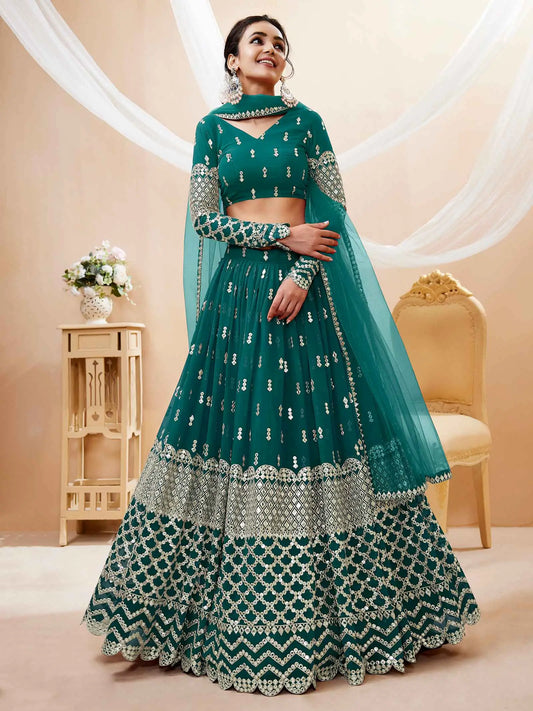 Teal Blue Georgette Lehenga With Sequence And Zari Embroidery Work