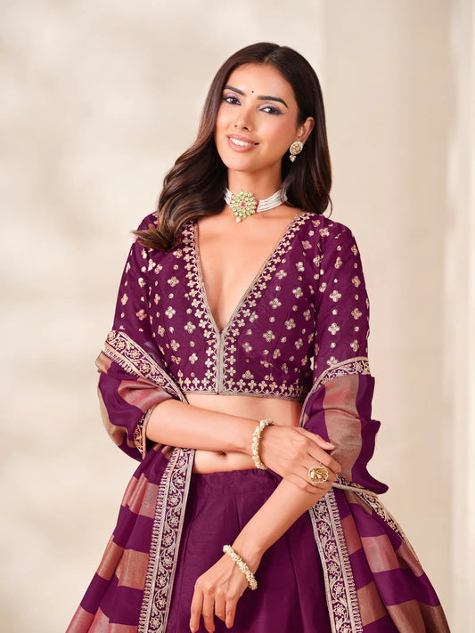 Wine Silk Embroidered Lehenga choli