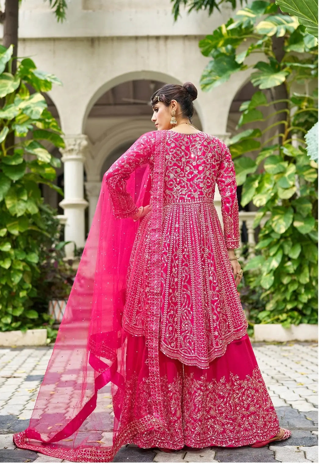 Deep Pink Chinon Mirror Work Salwar Suit