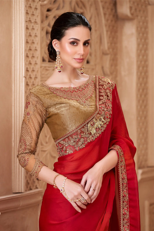 Blooming Red Satin Silk Embroidery Party Wear Saree
