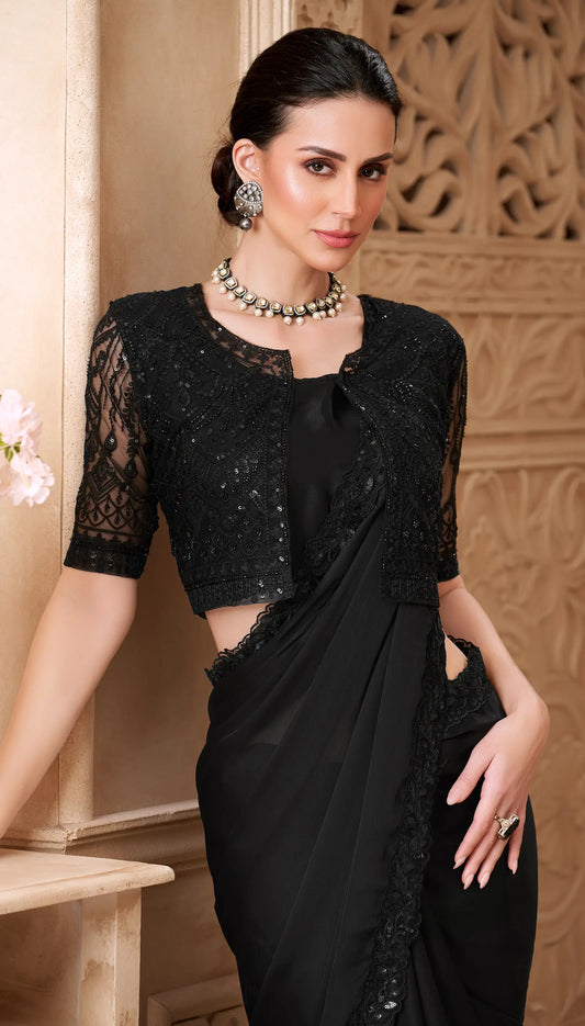 Black Satin Georgette Embroidery Party Wear Jacket Saree