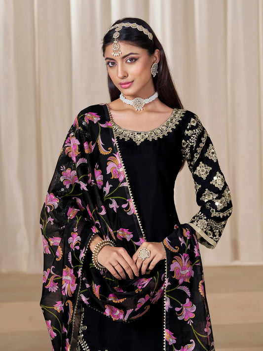 Black Roman Silk Embroidery Work Salwar Suit