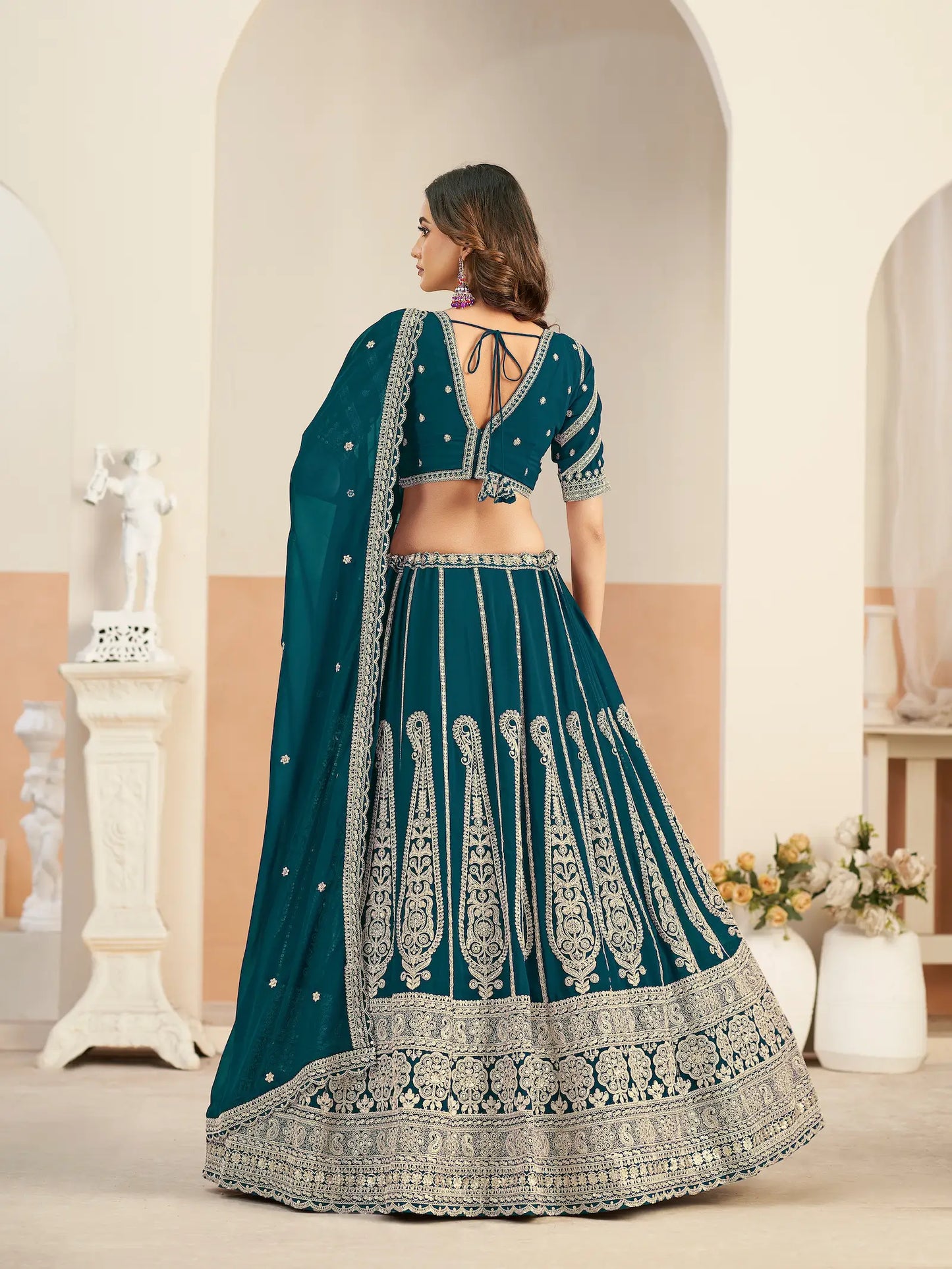 Deep Teal Georgette Embroidery Lehenga Choli