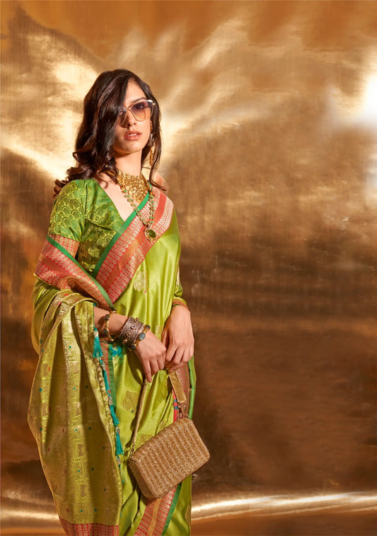 Avocado Green Satin Handloom Weaving Silk Saree