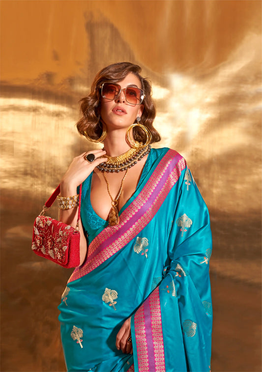 Electric Blue Satin Handloom Weaving Silk Saree