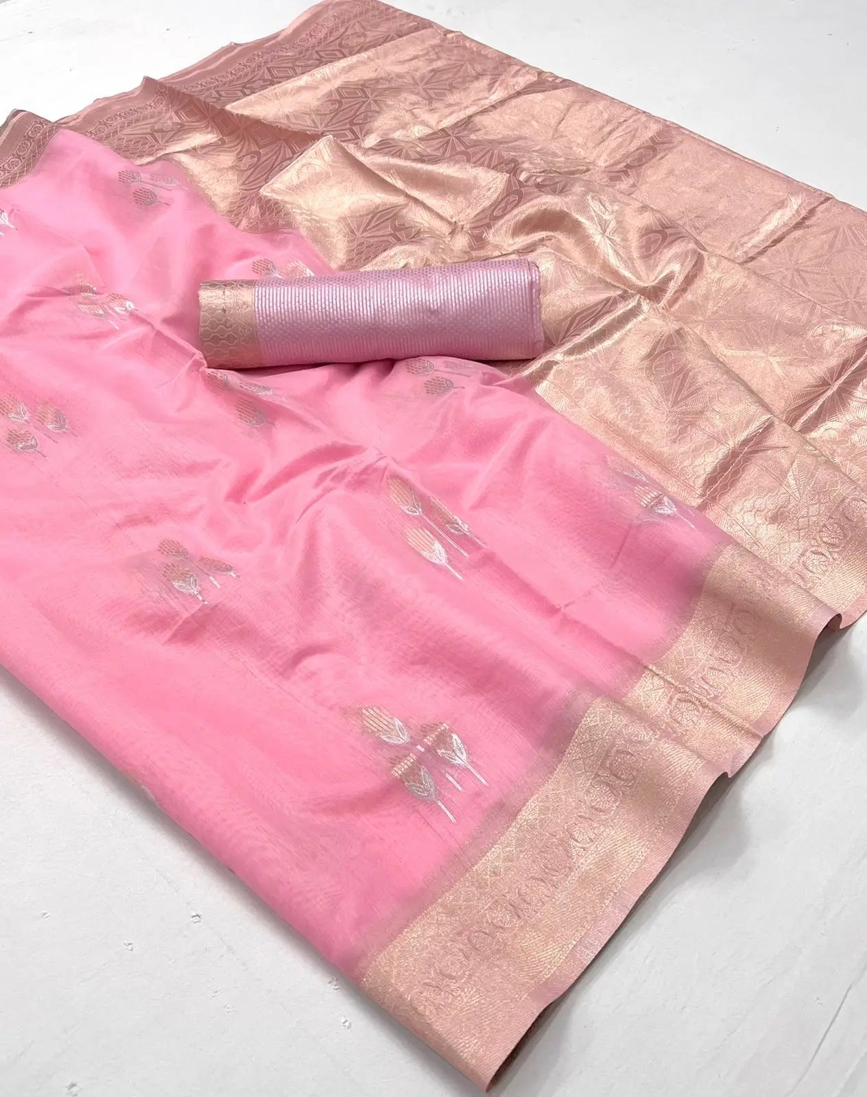 Candy Pink Linen Cotton Zari Weaving Saree