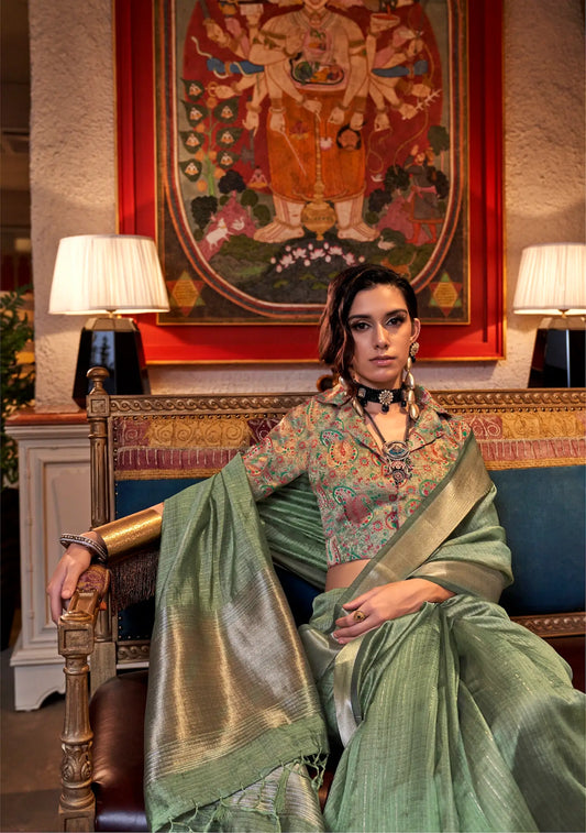 Dusty Green Chiffon Handloom Weaving Silk Saree
