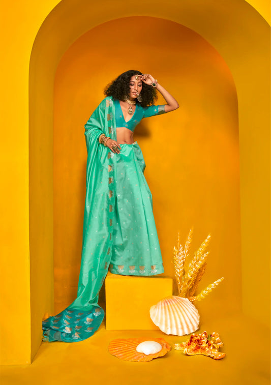 Aqua Blue Tussar Silk Zari Weaving Work Saree