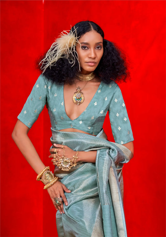 Sky Blue Viscose Tissue Zari Weaving Work Saree