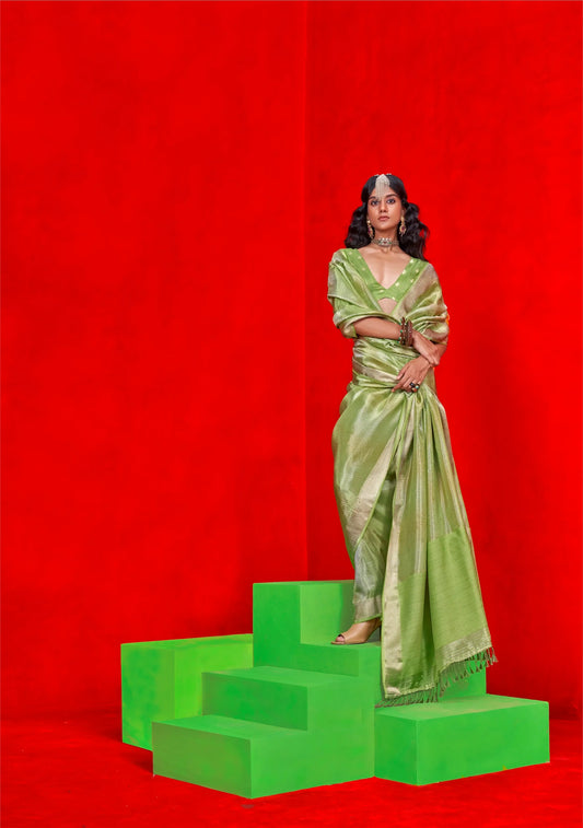 Parrot Green Viscose Tissue Zari Weaving Work Saree