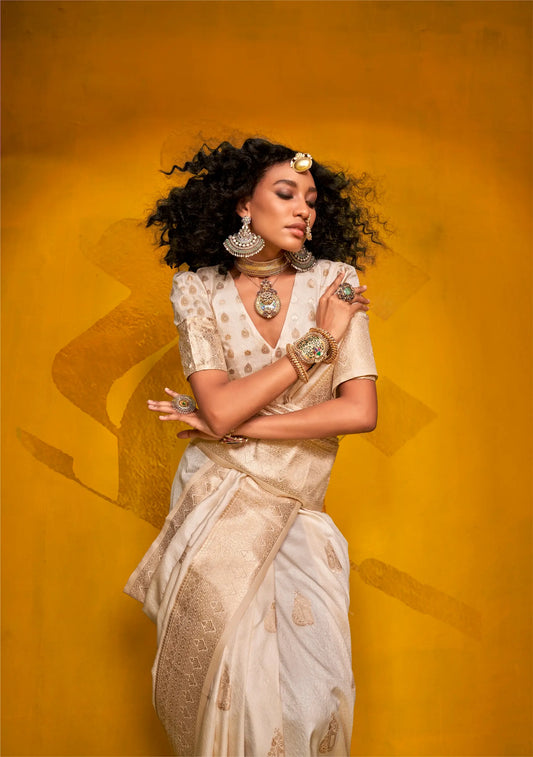 Beige Two Tone Handloom Silk Saree With Zari Weaving Work
