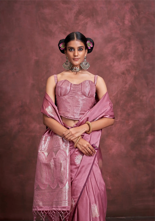 Light Pink Satin Handloom Banarasi Zari Weaving Silk Saree