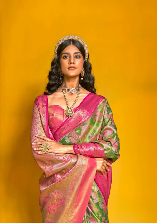 Green-Pink Handloom Silk Saree With Zari Weaving Work