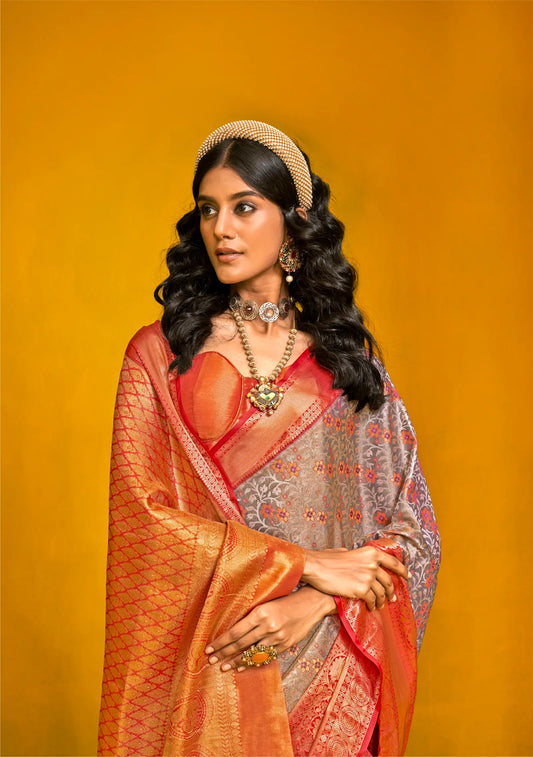 Grey-Red Handloom Silk Saree With Zari Weaving Work