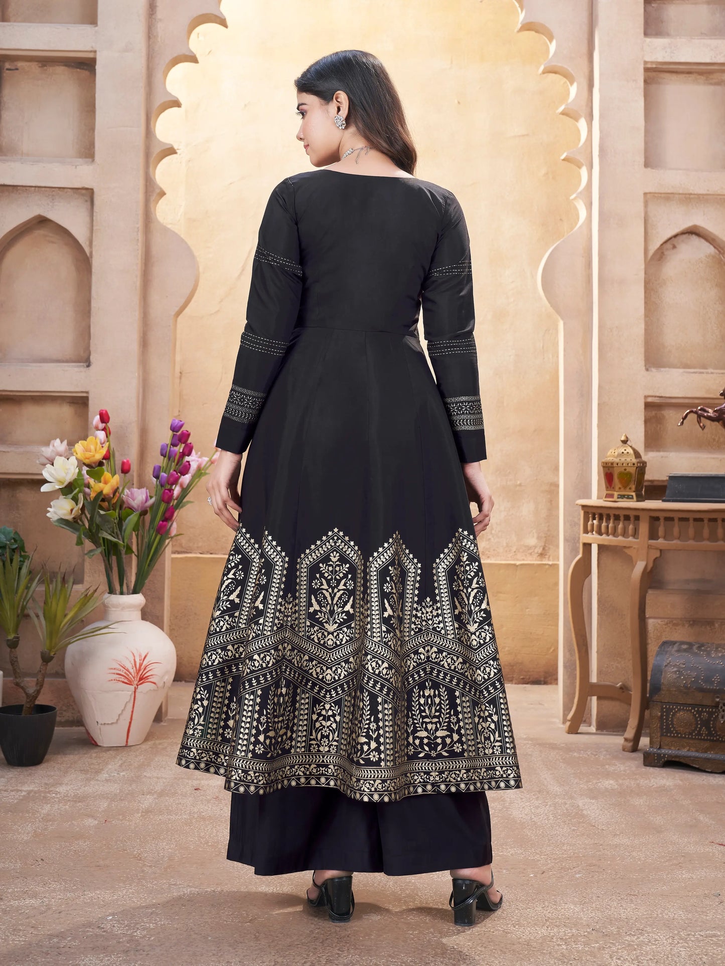 Black Silk Salwar Suit With Mirror Work And Foil Print
