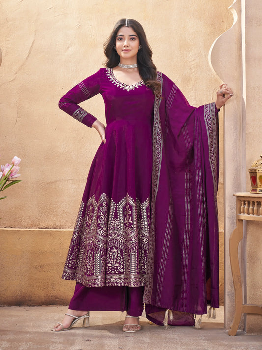 Grape Purple Mirror Work And Foil Print Silk Salwar Suit