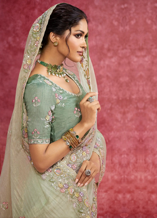 Pastel Green Weave Embroidery Work Party wear Saree