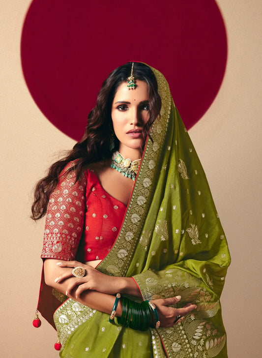 Olive Green Viscose Zari Weaving Saree