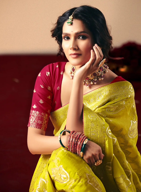 Fuel Yellow Viscose Zari Weaving Saree