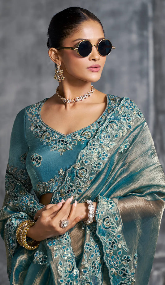 Greyish Teal Zari Tissue Hand Work & Embroidery Saree