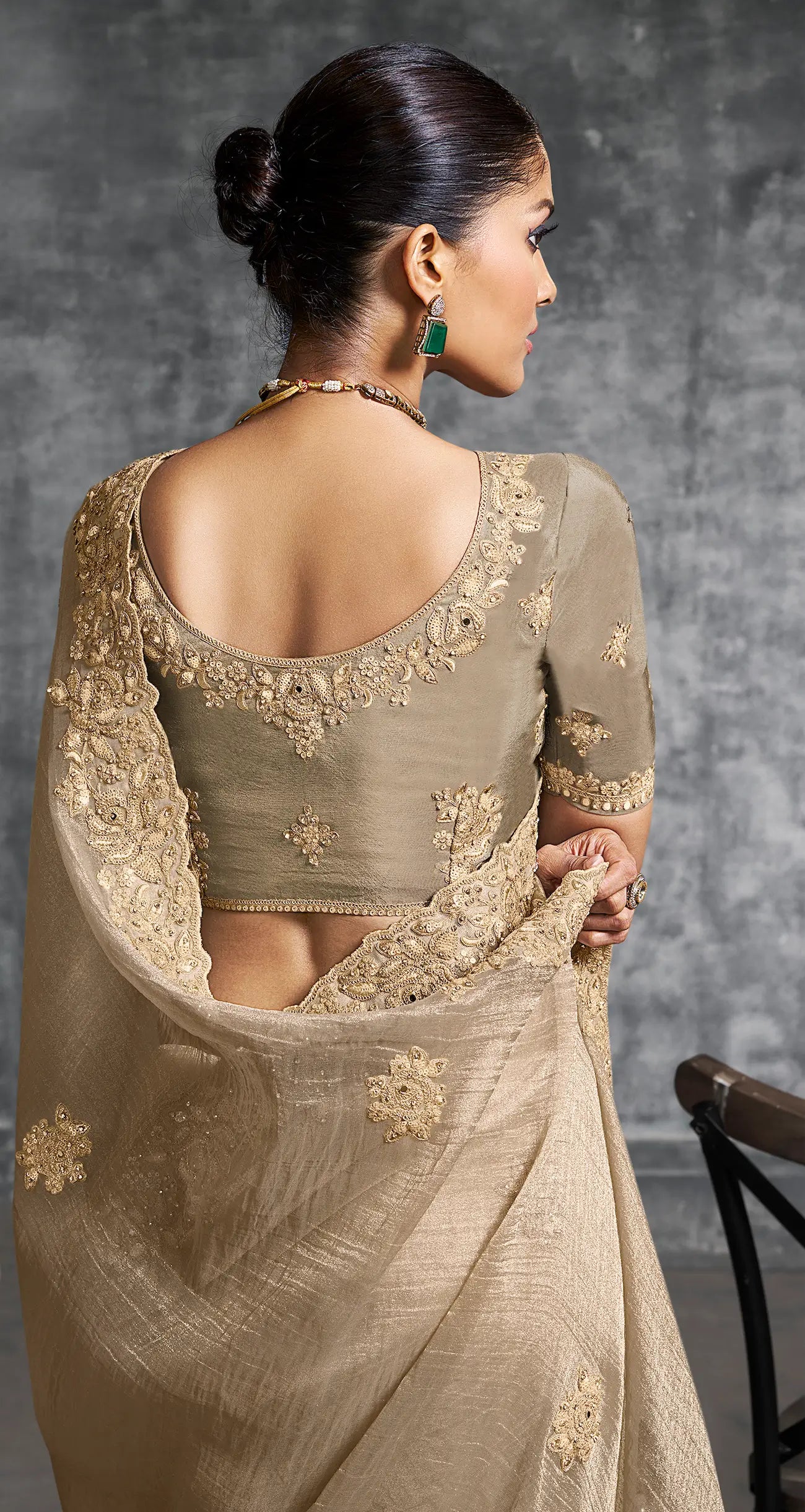 Almond Beige Zari Tissue Hand Work & Embroidery Saree