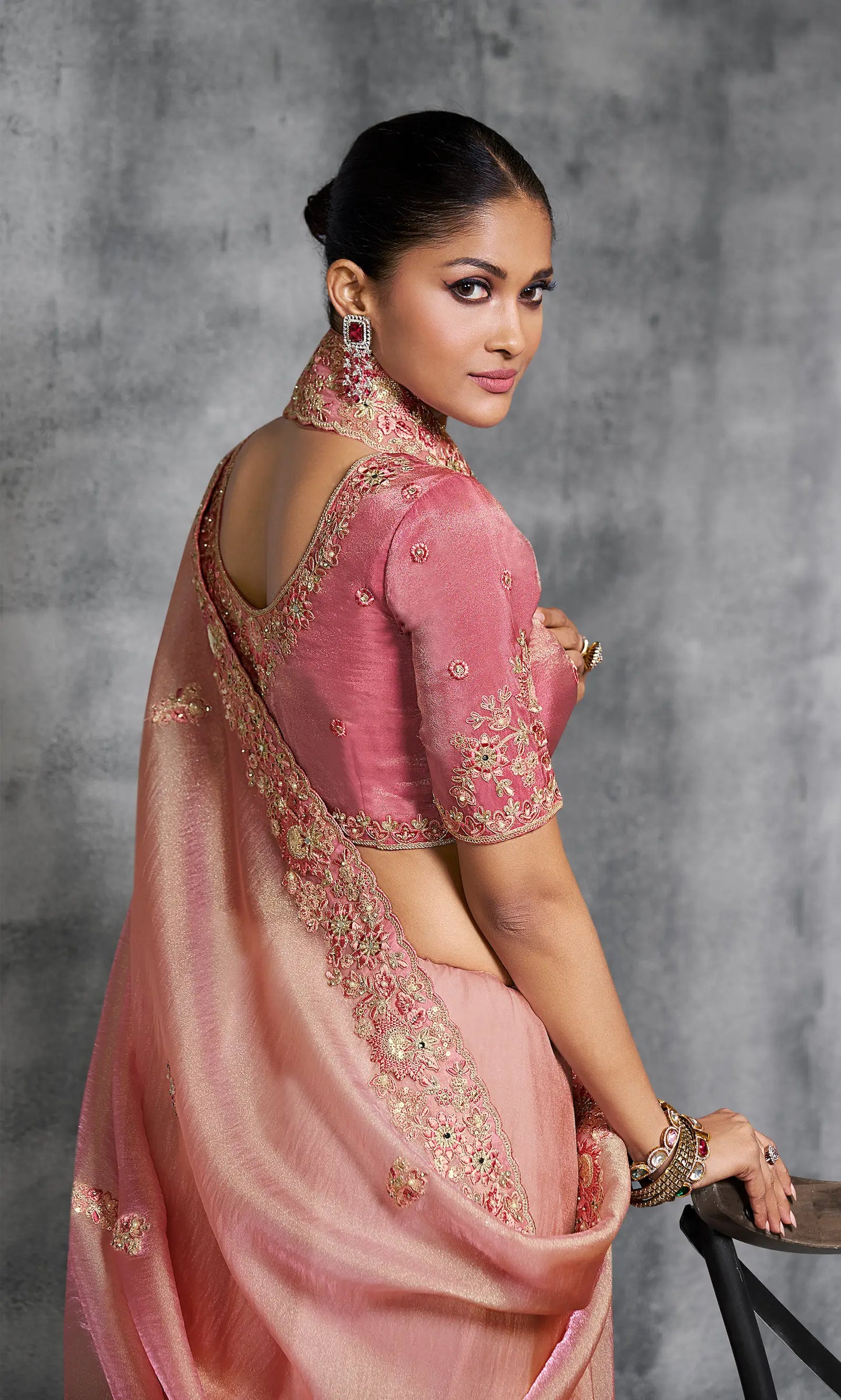 Peach Pink Zari Tissue Hand Work & Embroidery Saree