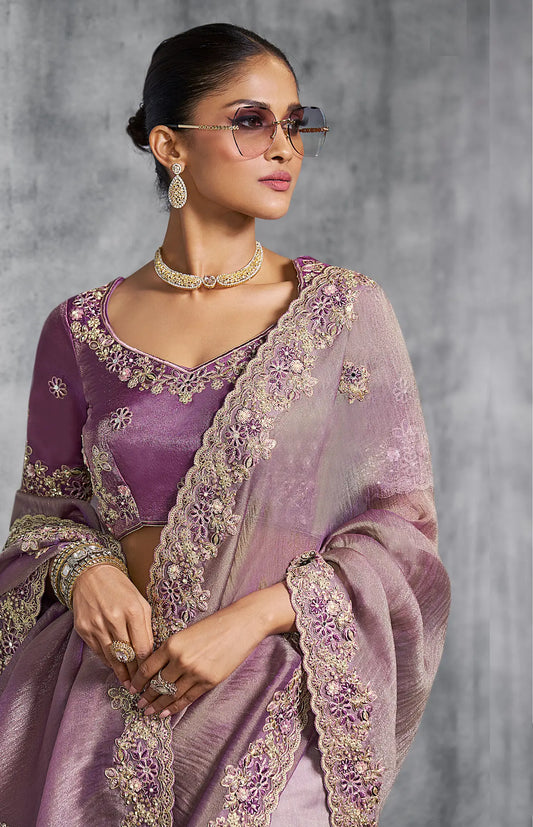 Lilac Purple Zari Tissue Hand Work & Embroidery Saree