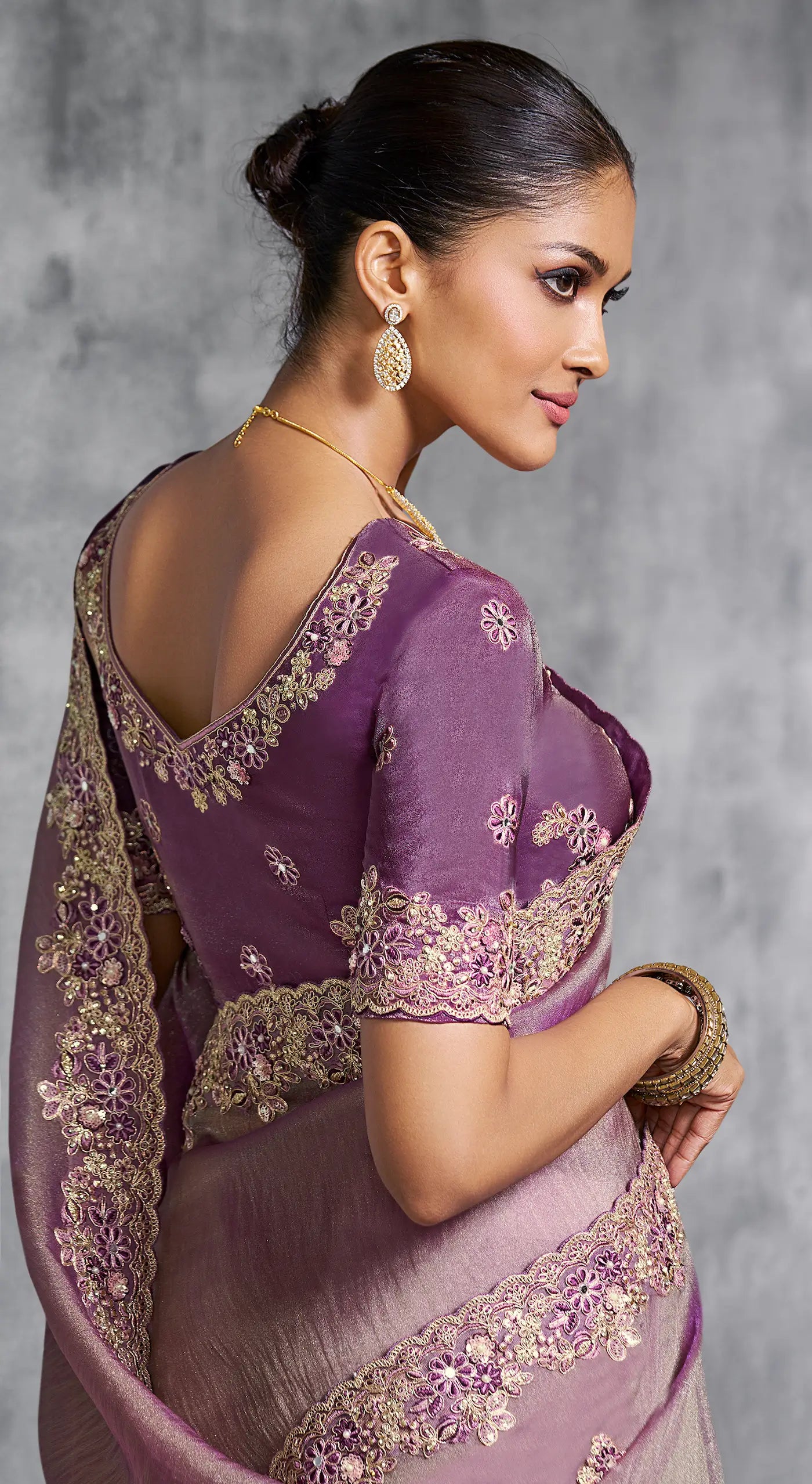 Lilac Purple Zari Tissue Hand Work & Embroidery Saree