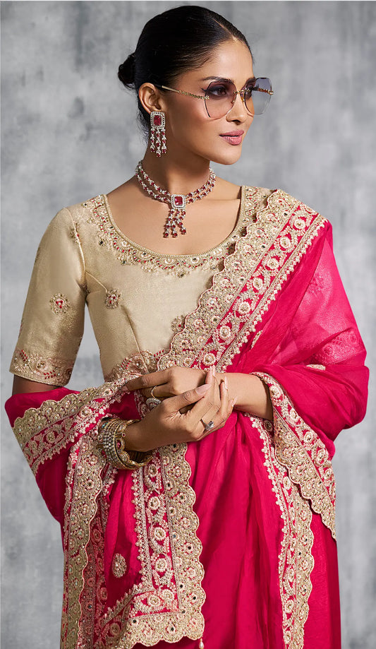 Hot Pink Satin Silk Hand Work & Embroidery Saree