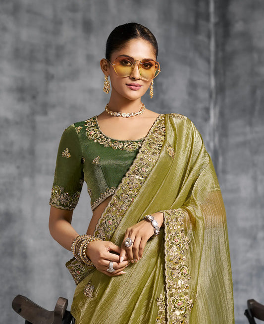 Olive Green Zari Tissue Hand Work & Embroidery Saree