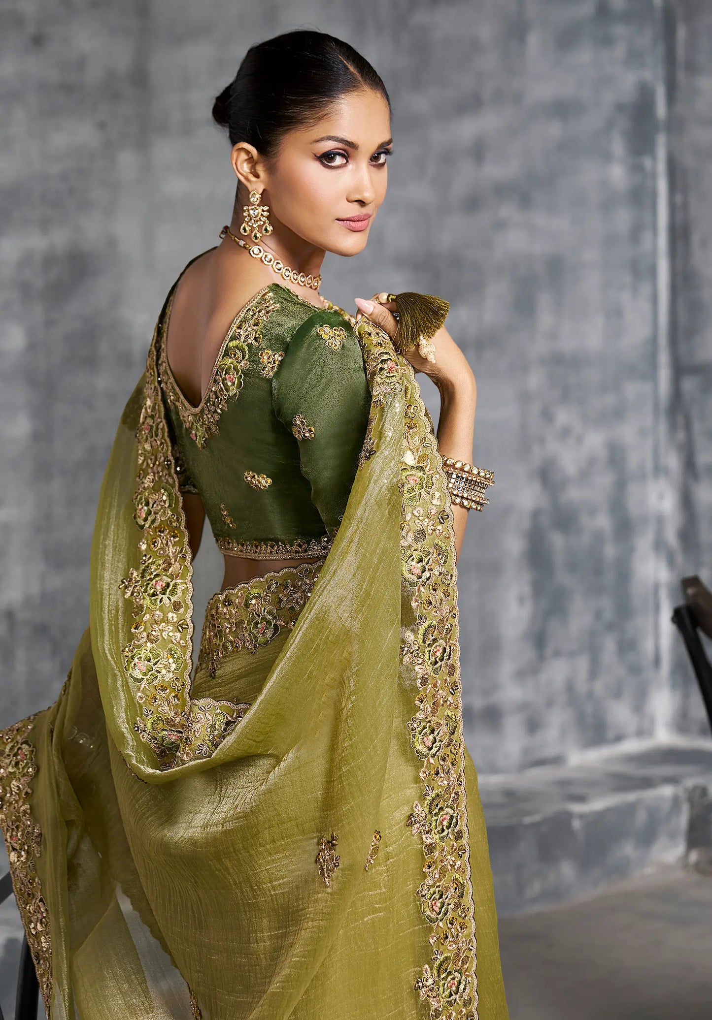 Olive Green Zari Tissue Hand Work & Embroidery Saree