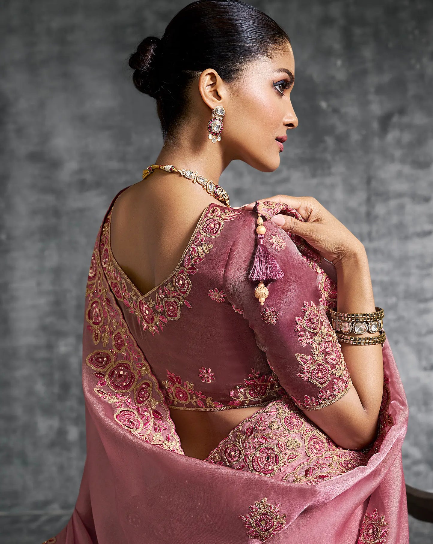 Rosy Pink Zari Tissue Hand Work & Embroidery Saree