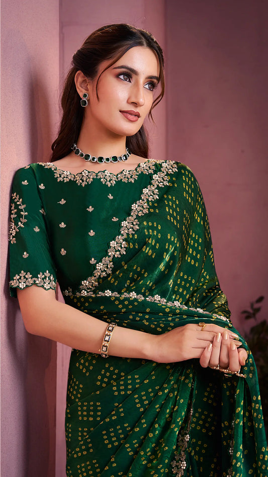 Dark Green Satin Silk Saree With Hand Work & Embroidery