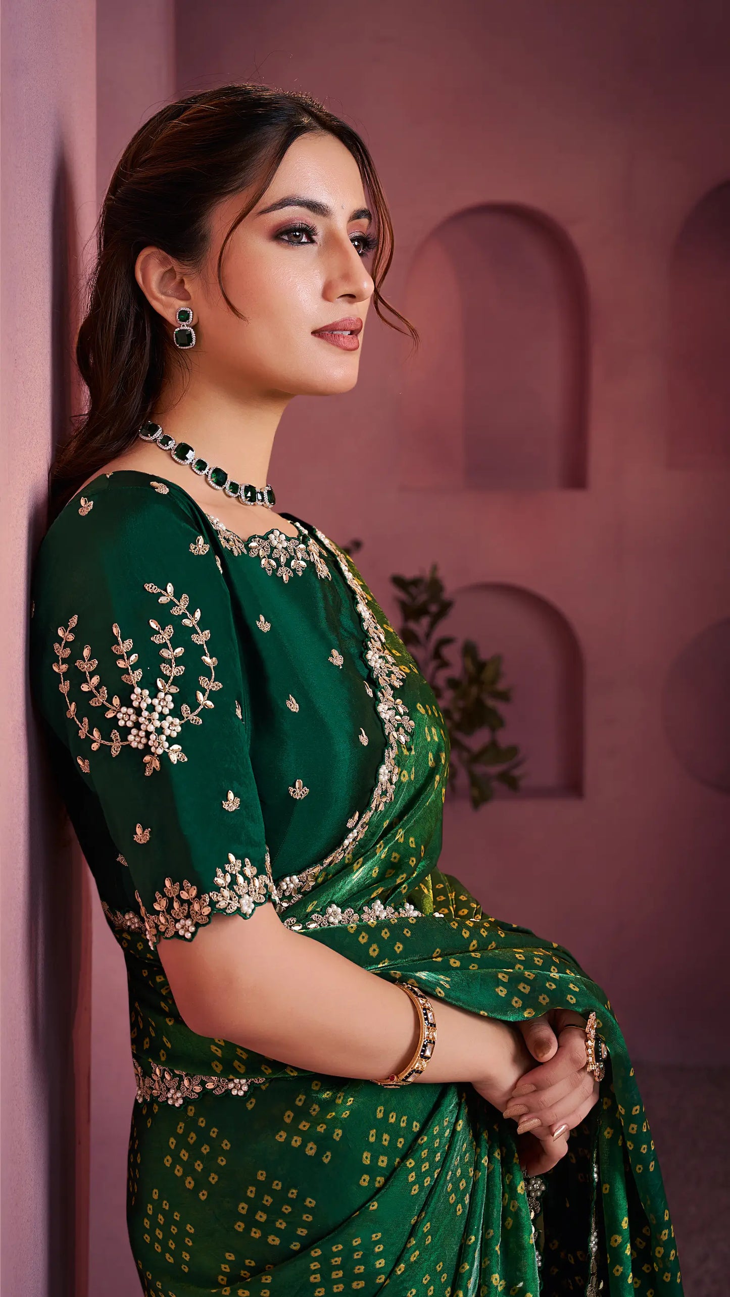 Dark Green Satin Silk Saree With Hand Work & Embroidery