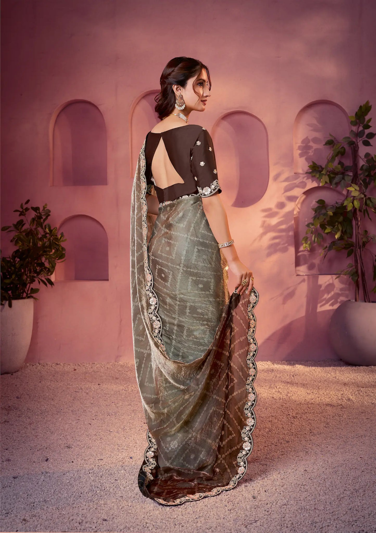 Dusty Grey Satin Silk Saree With Hand Work & Embroidery