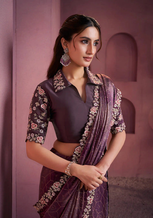 Mulberry Satin Silk Saree With Hand Work & Embroidery