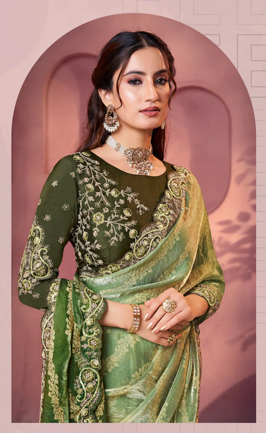 Shaded Green Satin Silk Saree With Hand Work & Embroidery