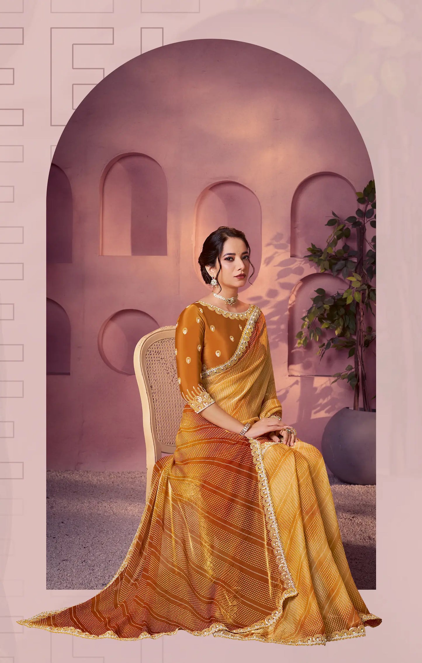 Dusty Orange Satin Silk Saree With Hand Work & Embroidery