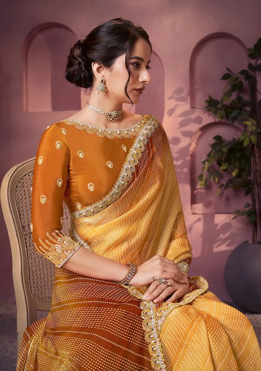 Dusty Orange Satin Silk Saree With Hand Work & Embroidery