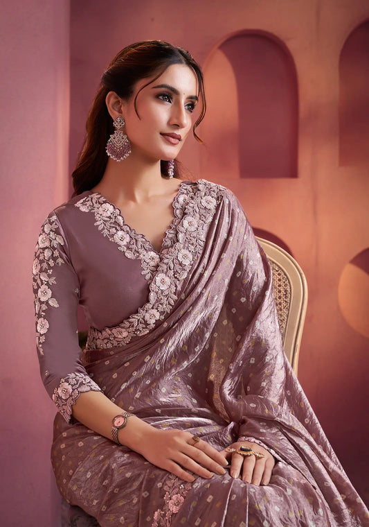 Dark Mauve Satin Silk Saree With Hand Work & Embroidery