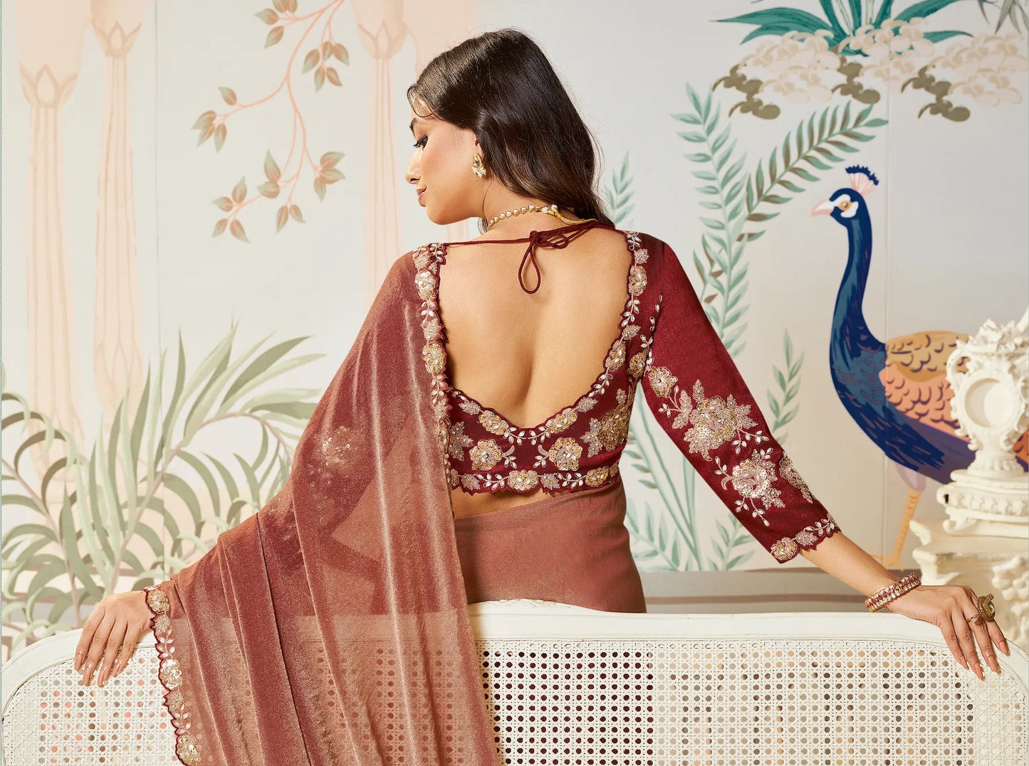 Rust Orange Satin Organza Embroidery Party Wear Saree